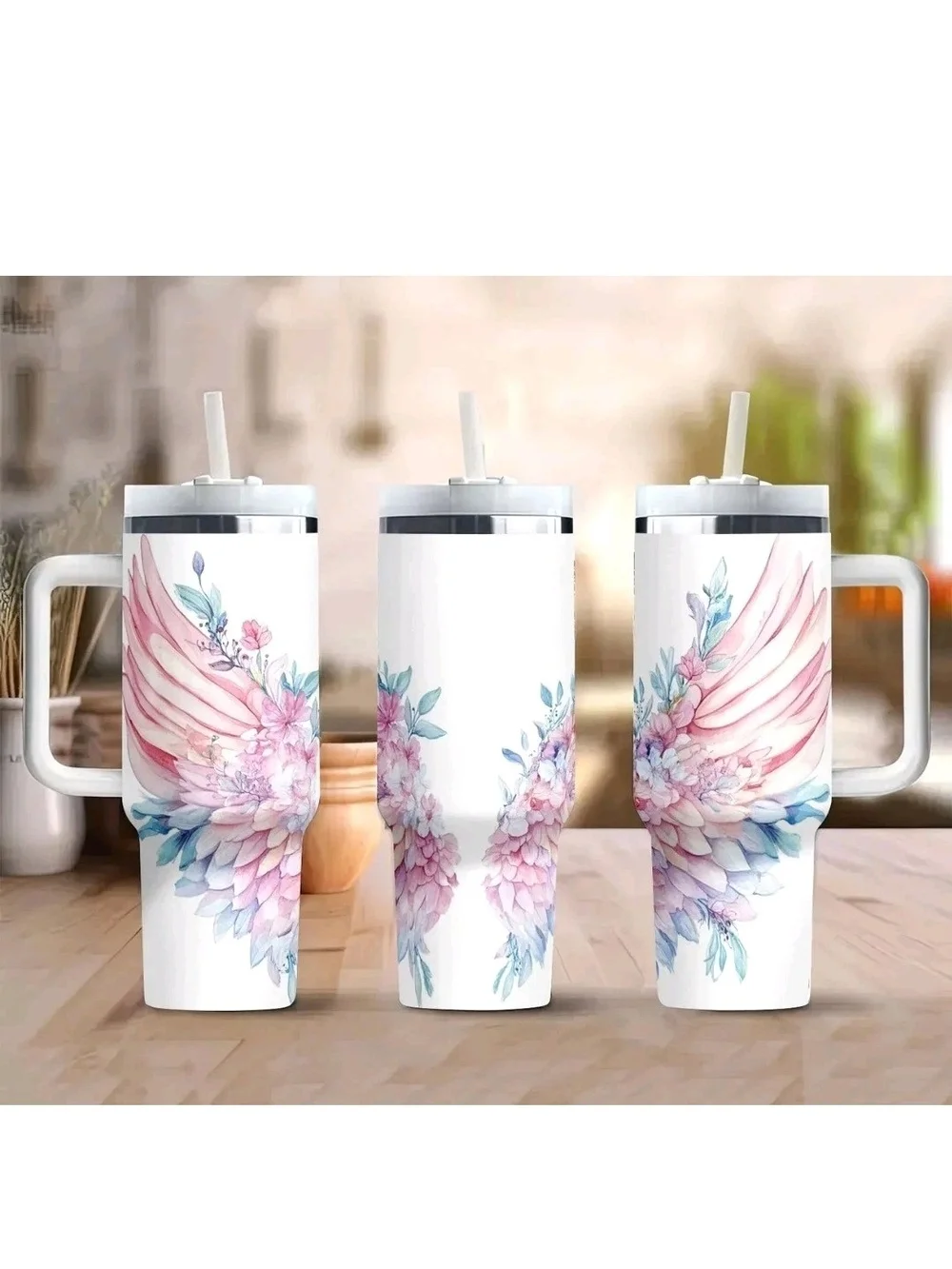40 Oz. Angel Wings Stainless Steel Tumbler W/Side Handle In  Delicate Pastels.